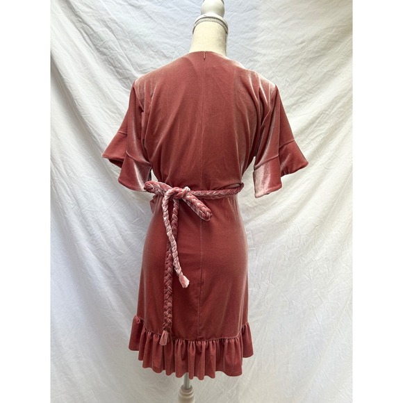 MISA Los Angeles Velvet Ruffle Mini Dress Pink Braided Belt Party Cocktail - Picture 2 of 6